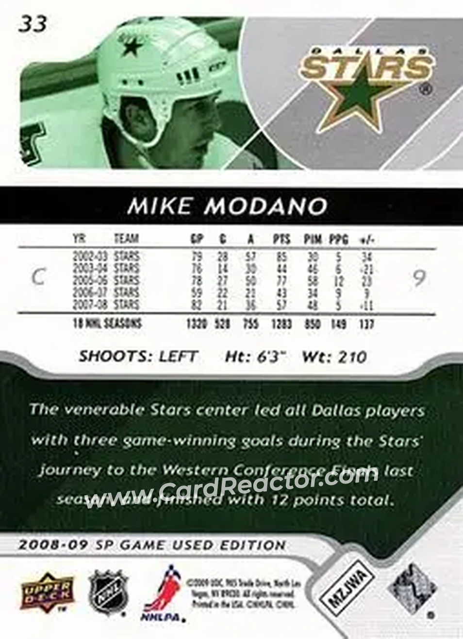 2008-09 SP Game Used #33 - Mike Modano - Dallas Stars - Back