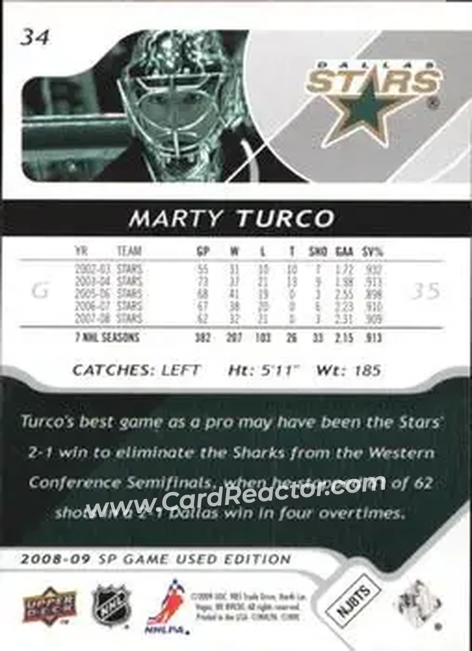 2008-09 SP Game Used #34 - Marty Turco - Dallas Stars - Back