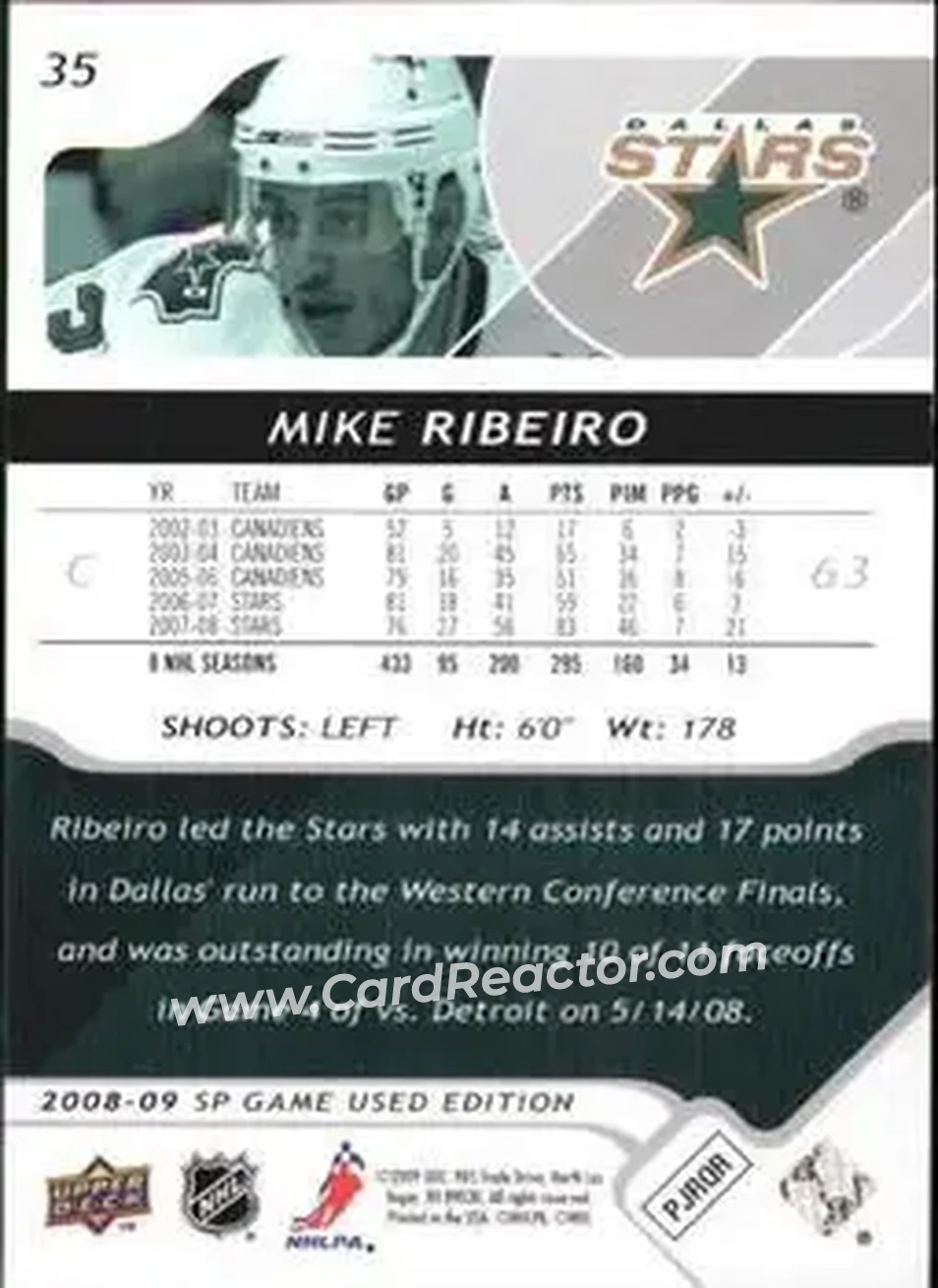 2008-09 SP Game Used #35 - Mike Ribeiro - Dallas Stars - Back