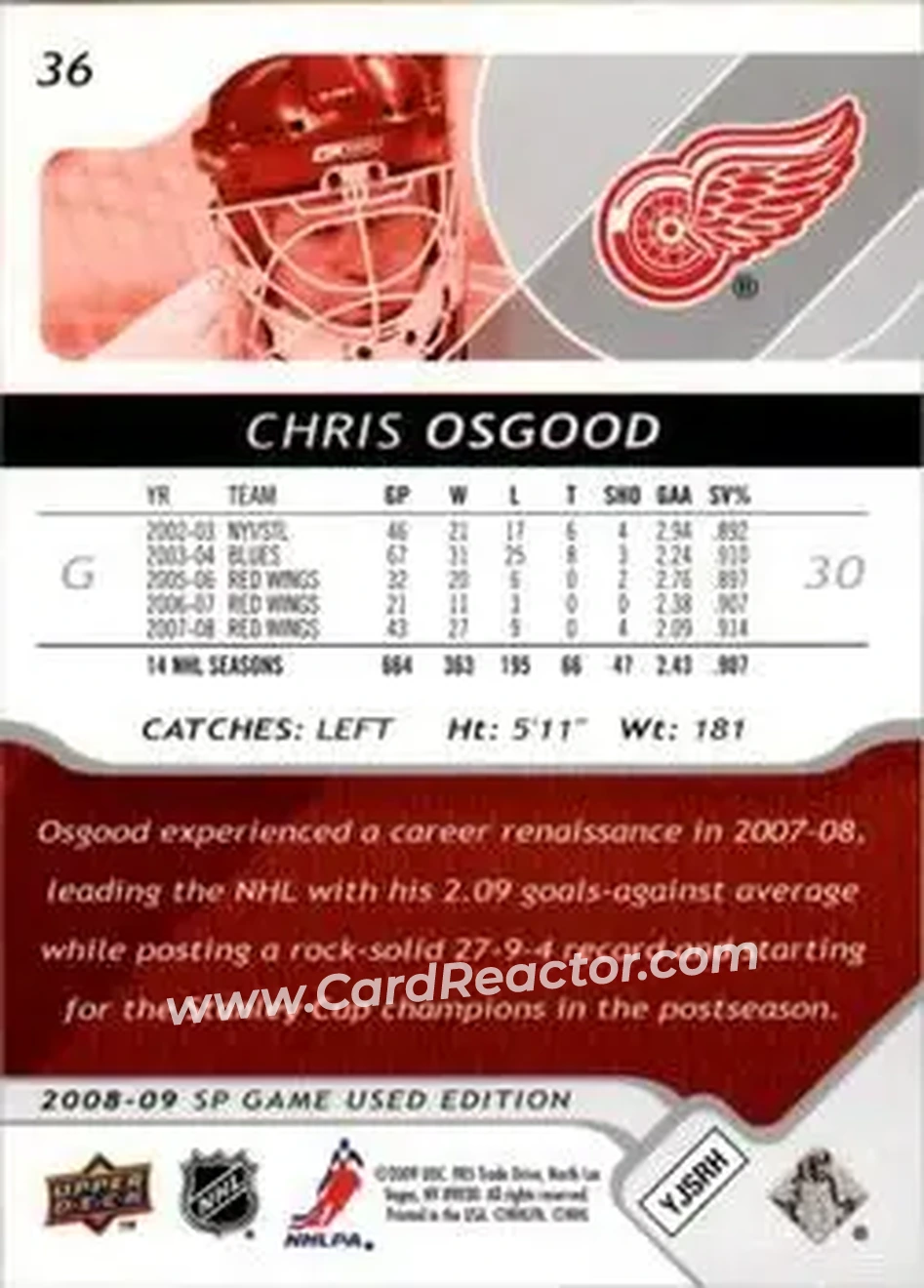 2008-09 SP Game Used #36 - Chris Osgood - Detroit Red Wings - Back