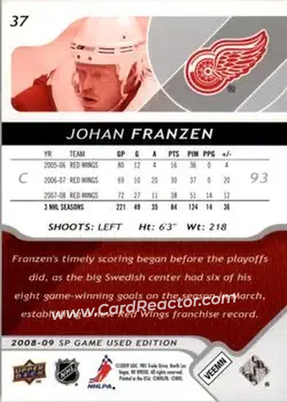 2008-09 SP Game Used #37 - Johan Franzen - Detroit Red Wings - Back