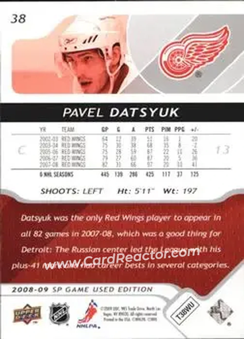 2008-09 SP Game Used #38 - Pavel Datsyuk - Detroit Red Wings - Back 2008-09 SP Game Used #38 - Pavel Datsyuk - Detroit Red Wings - Back