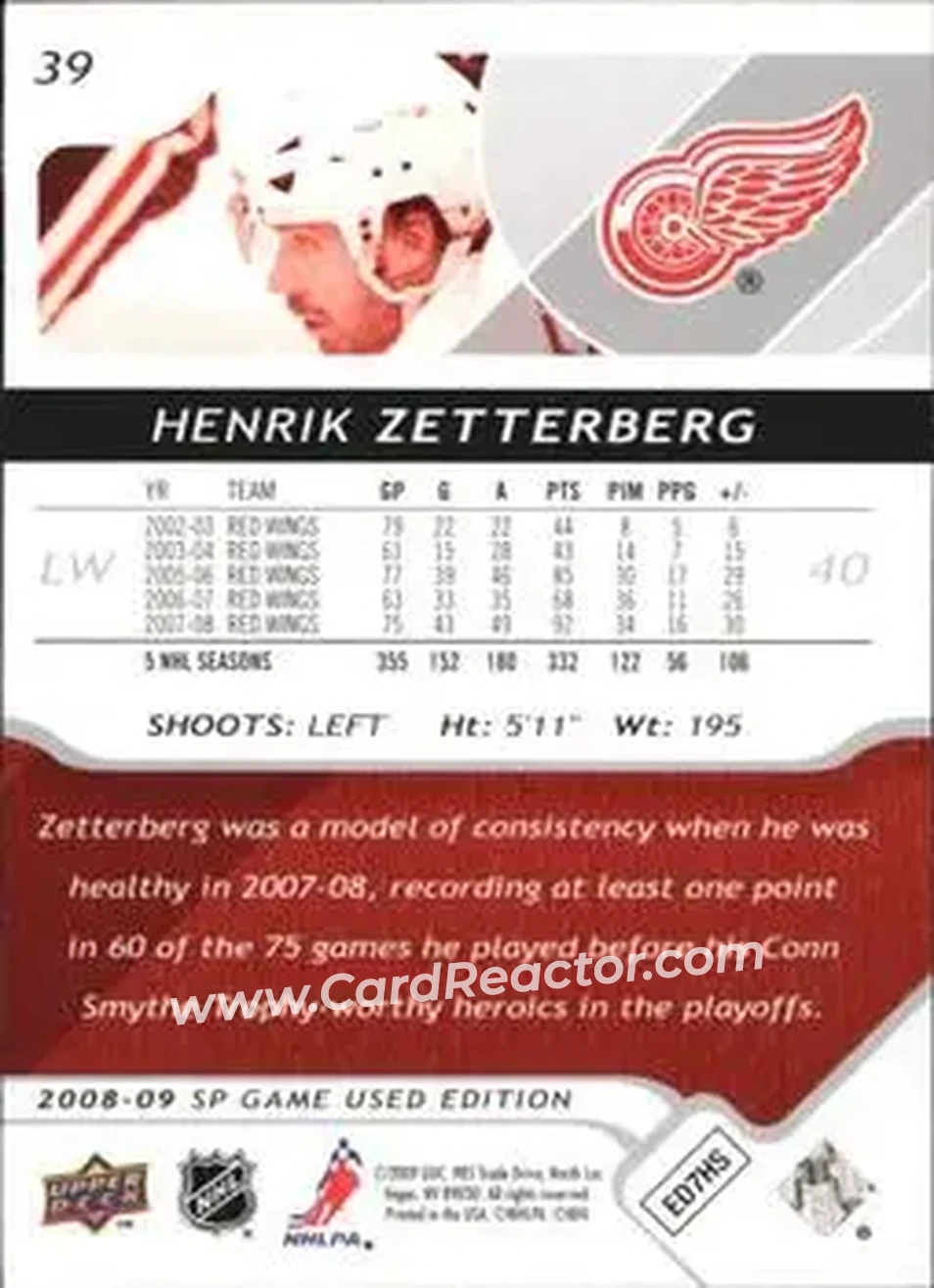 2008-09 SP Game Used #39 - Henrik Zetterberg - Detroit Red Wings - Back