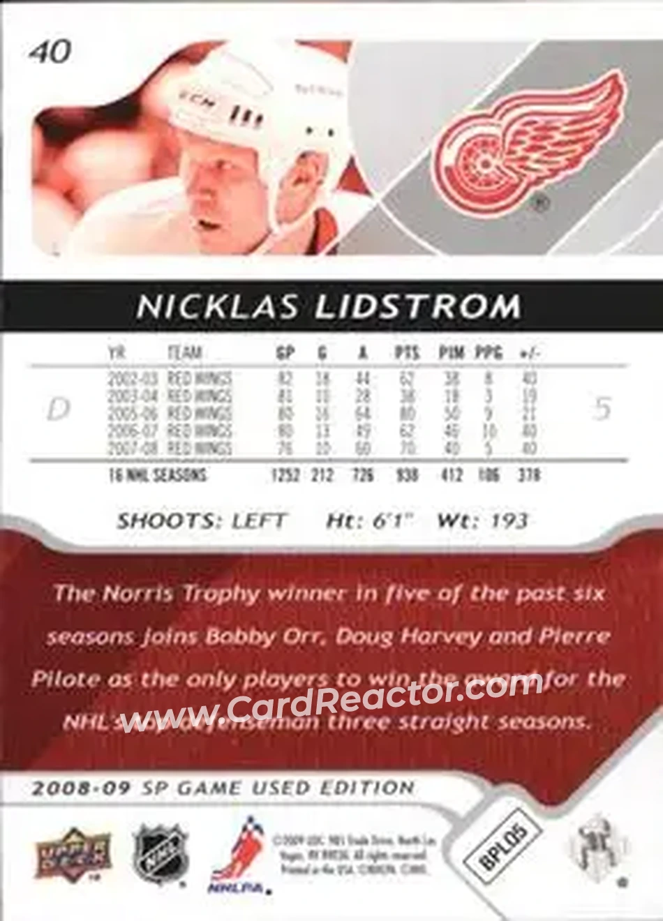 2008-09 SP Game Used #40 - Nicklas Lidstrom - Detroit Red Wings - Back