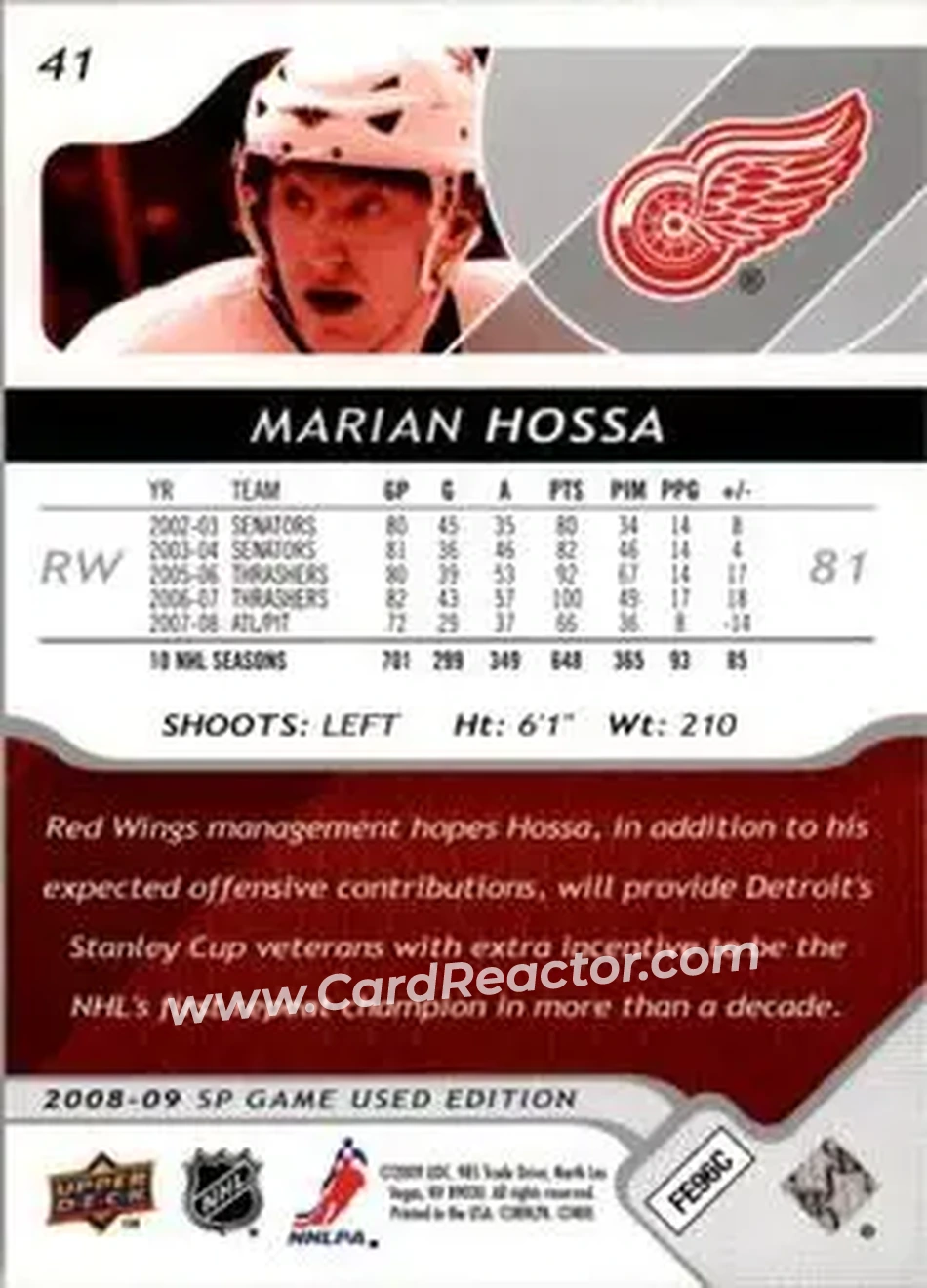 2008-09 SP Game Used #41 - Marian Hossa - Detroit Red Wings - Back