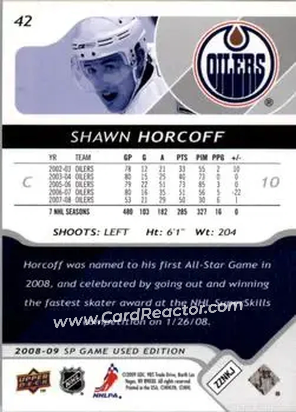 2008-09 SP Game Used #42 - Shawn Horcoff - Edmonton Oilers - Back