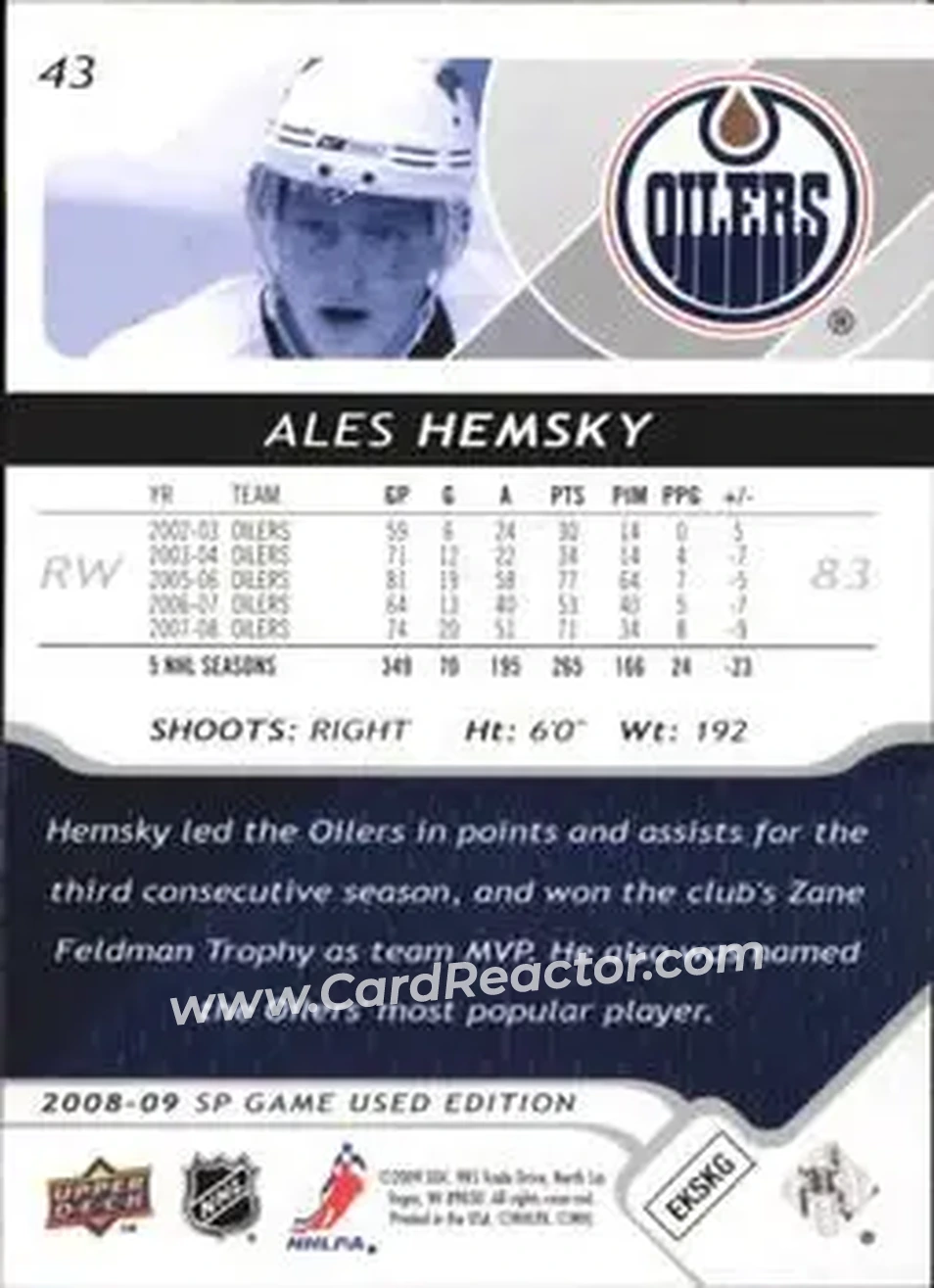 2008-09 SP Game Used #43 - Ales Hemsky - Edmonton Oilers - Back