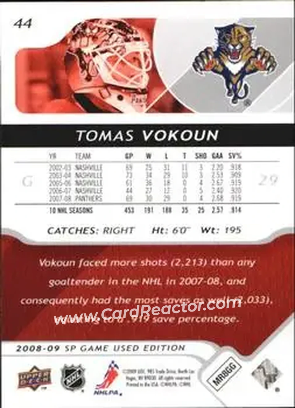 2008-09 SP Game Used #44 - Tomas Vokoun - Florida Panthers - Back 2008-09 SP Game Used #44 - Tomas Vokoun - Florida Panthers - Back