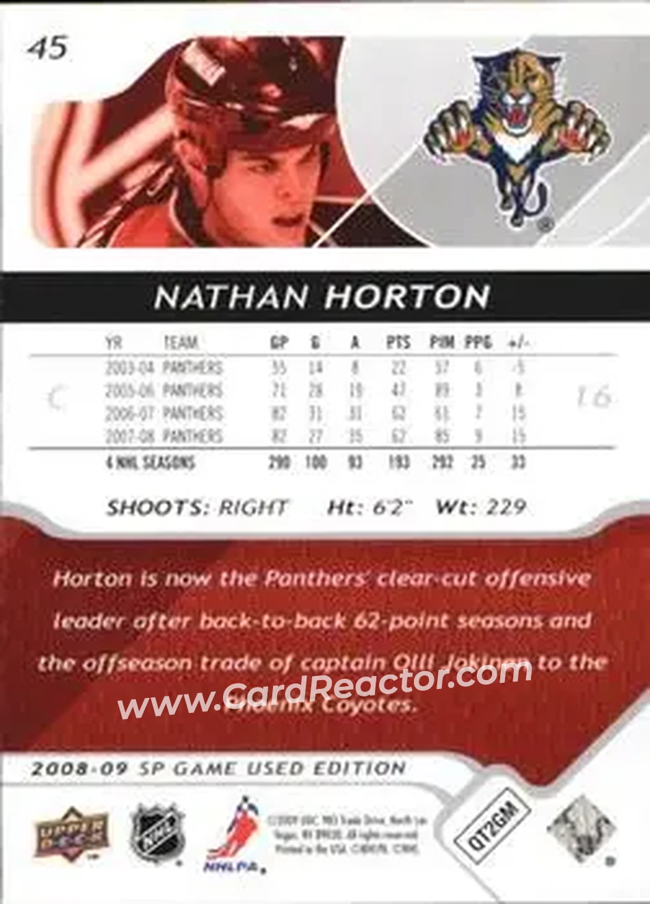 2008-09 SP Game Used #45 - Nathan Horton - Florida Panthers - Back 2008-09 SP Game Used #45 - Nathan Horton - Florida Panthers - Back