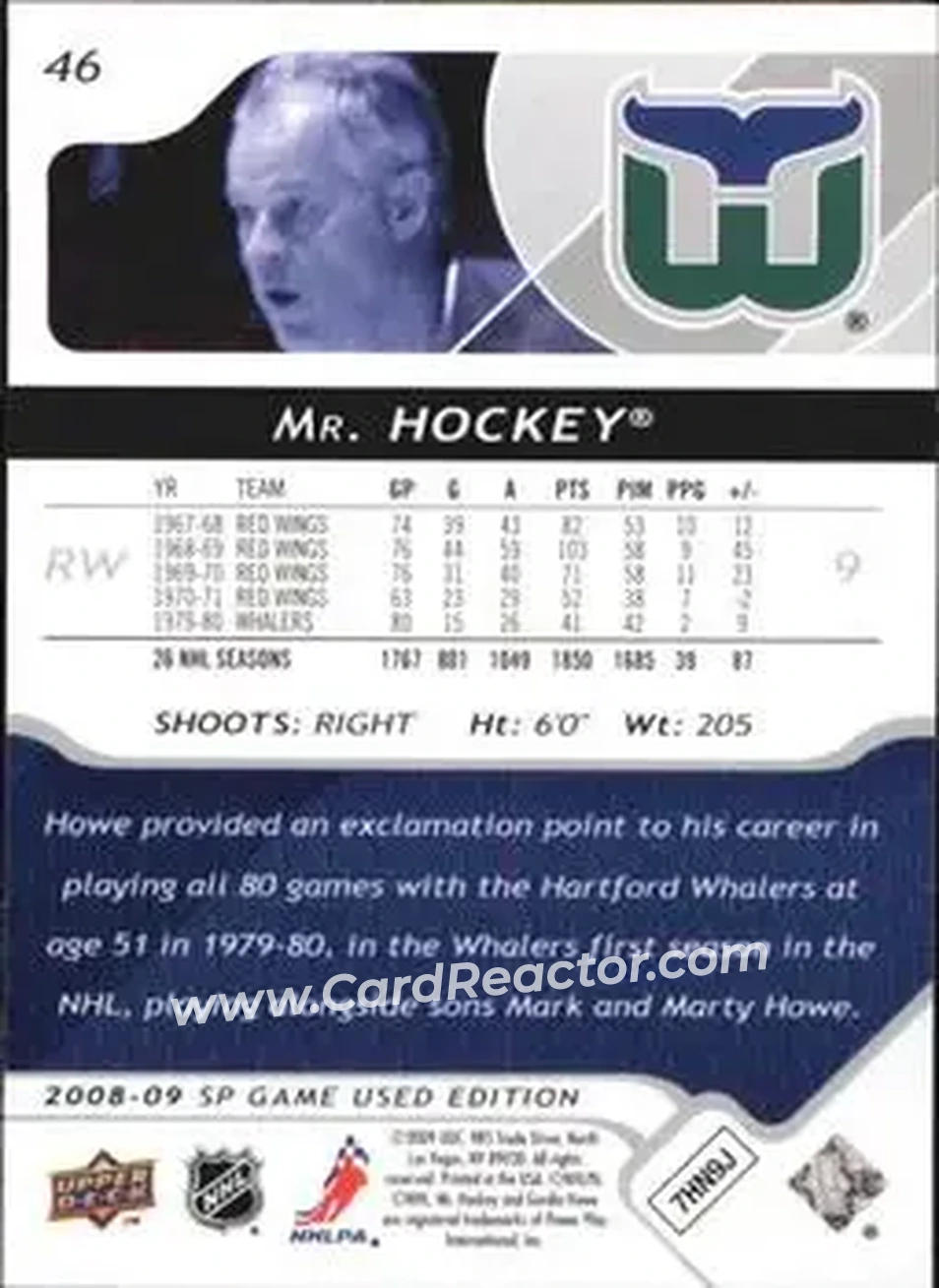 2008-09 SP Game Used #46 - Gordie Howe - Hartford Whalers - Back 2008-09 SP Game Used #46 - Gordie Howe - Hartford Whalers - Back