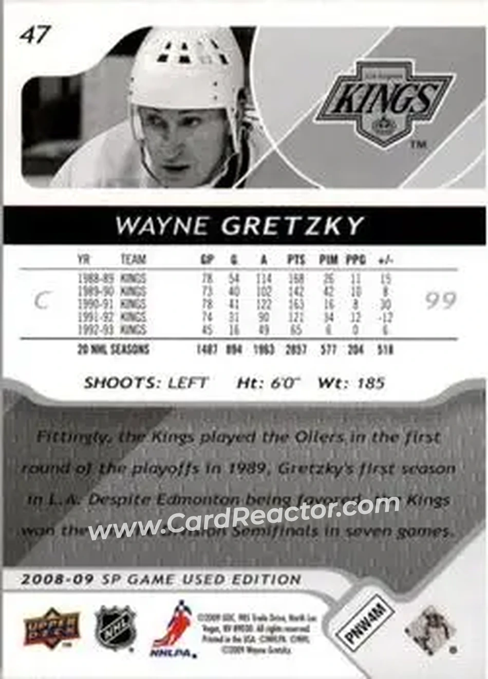 2008-09 SP Game Used #47 - Wayne Gretzky - Los Angeles Kings - Back