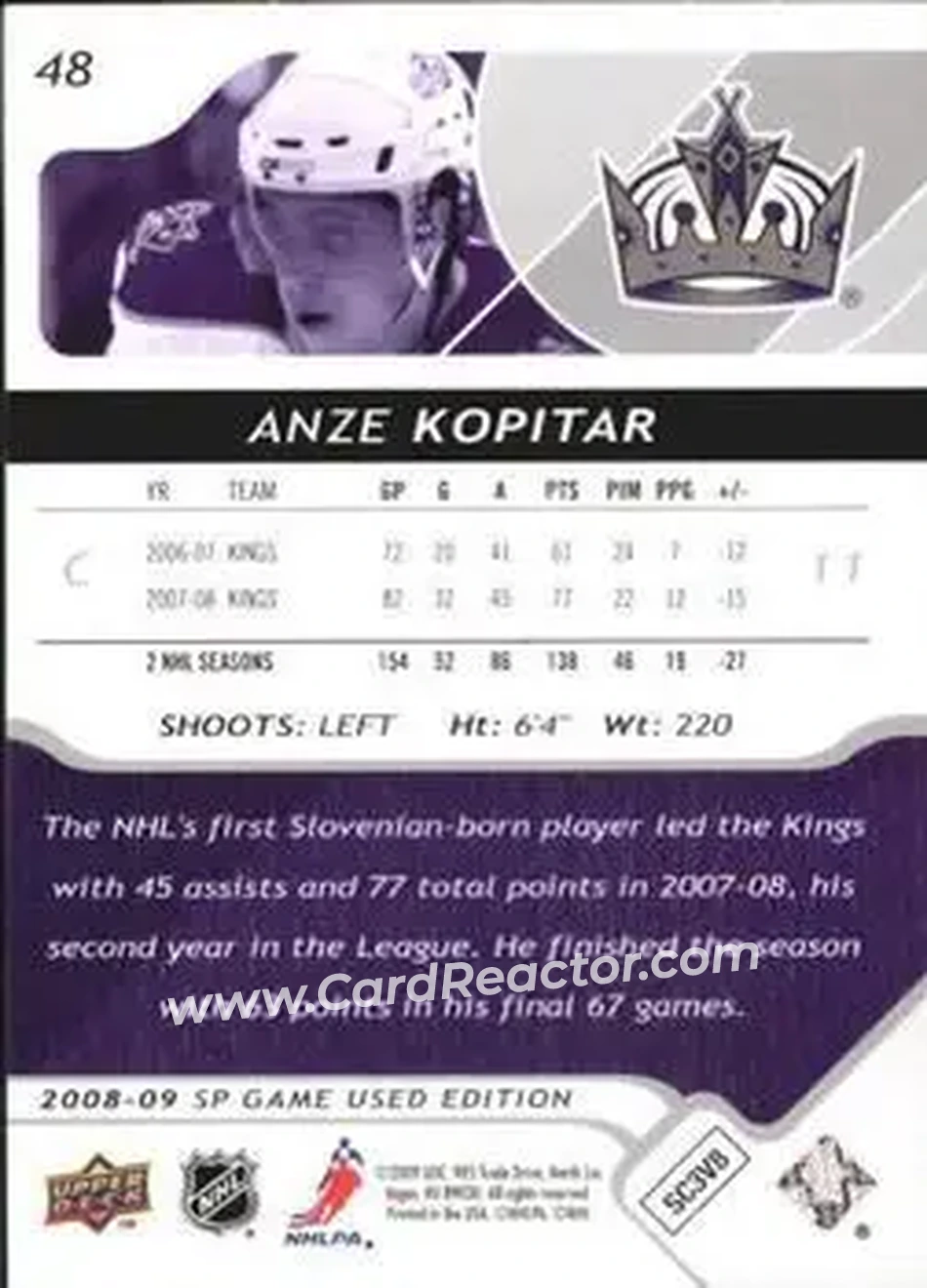2008-09 SP Game Used #48 - Anze Kopitar - Los Angeles Kings - Back