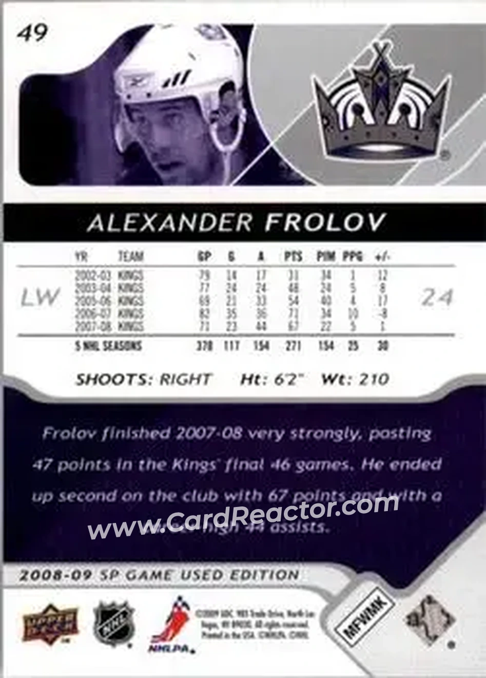 2008-09 SP Game Used #49 - Alexander Frolov - Los Angeles Kings - Back