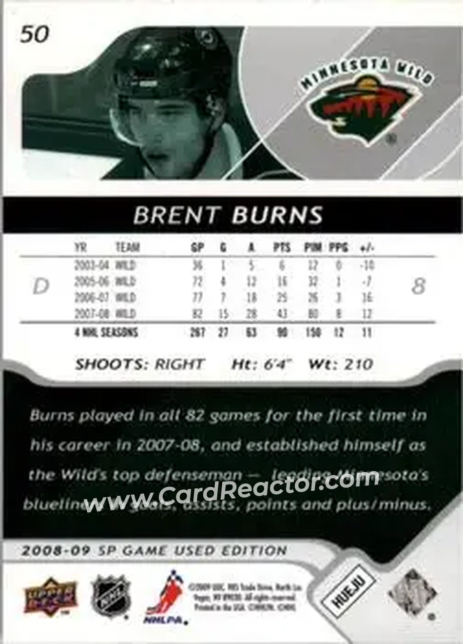 2008-09 SP Game Used #50 - Brent Burns - Minnesota Wild - Back