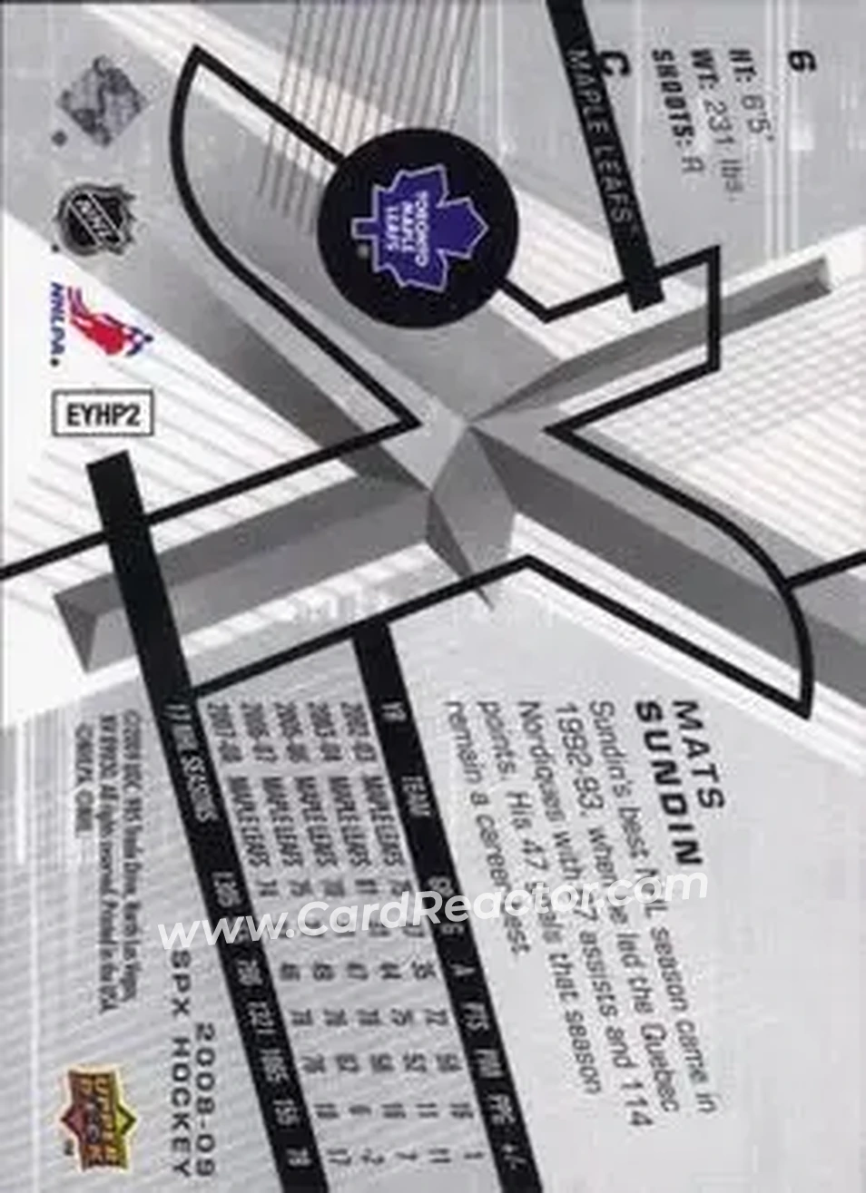 2008-09 SPx #6 - Mats Sundin - Toronto Maple Leafs - Back 2008-09 SPx #6 - Mats Sundin - Toronto Maple Leafs - Back