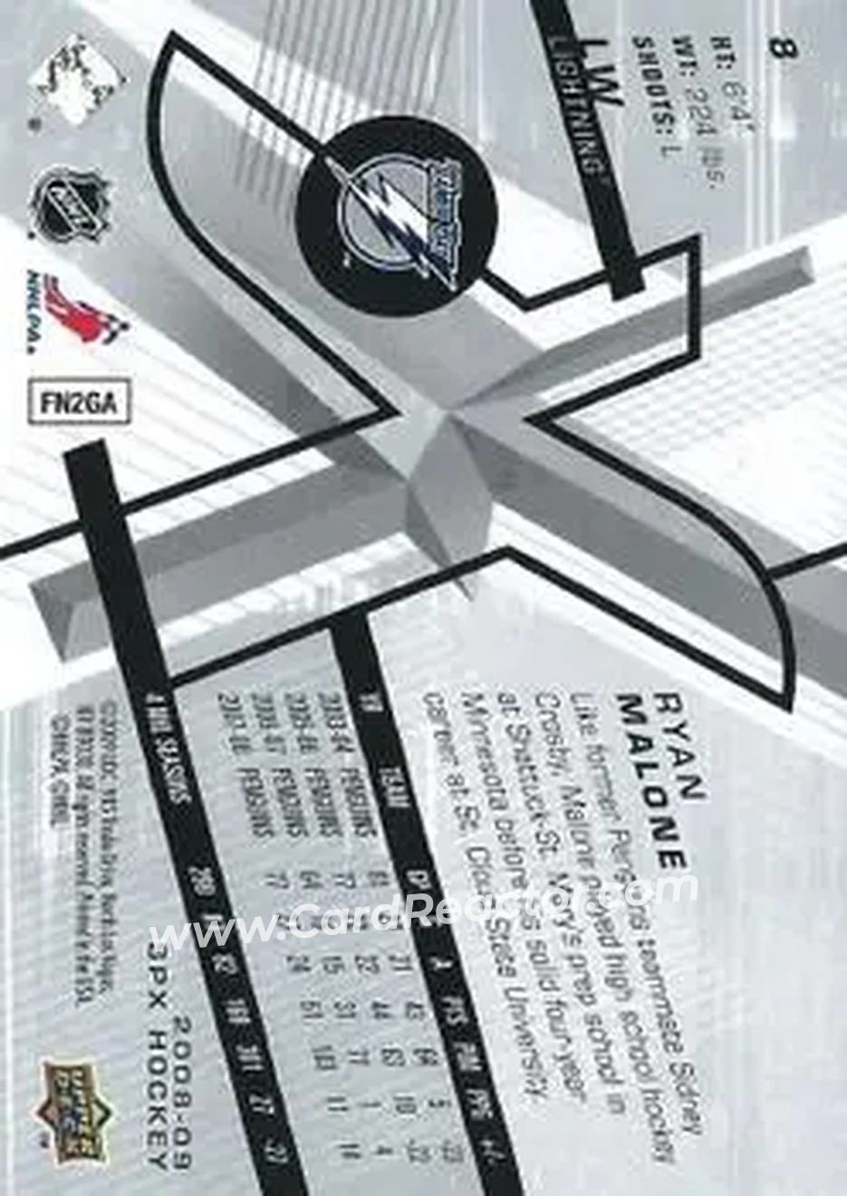 2008-09 SPx #8 - Ryan Malone - Tampa Bay Lightning - Back