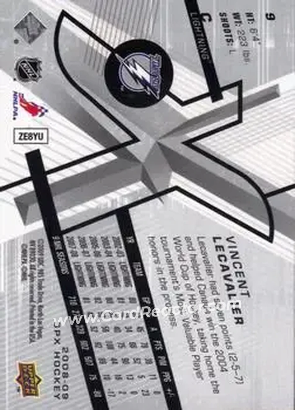 2008-09 SPx #9 - Vincent Lecavalier - Tampa Bay Lightning - Back