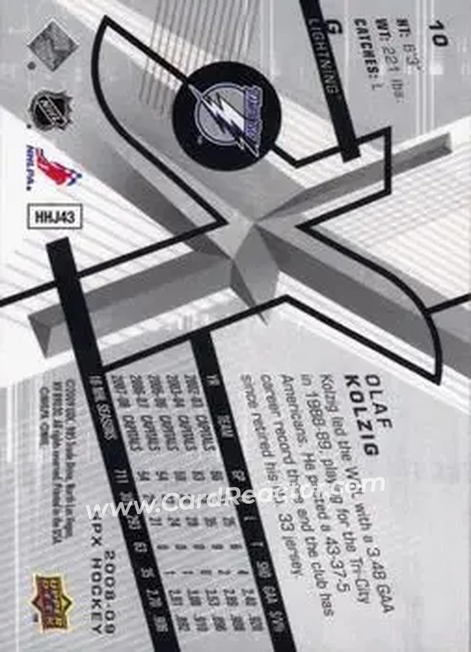 2008-09 SPx #10 - Olaf Kolzig - Tampa Bay Lightning - Back 2008-09 SPx #10 - Olaf Kolzig - Tampa Bay Lightning - Back