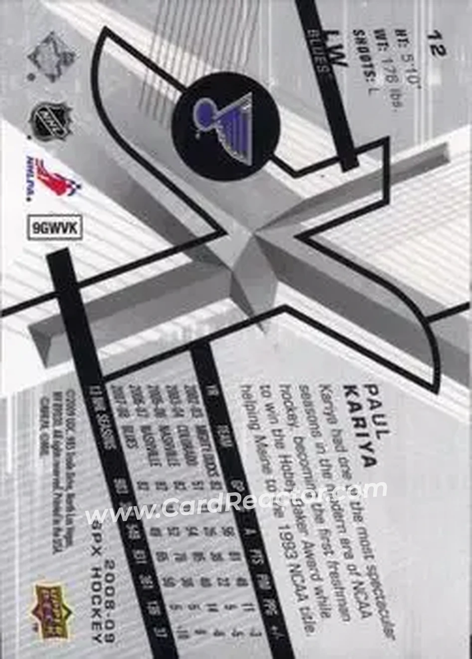 2008-09 SPx #12 - Paul Kariya - St. Louis Blues - Back
