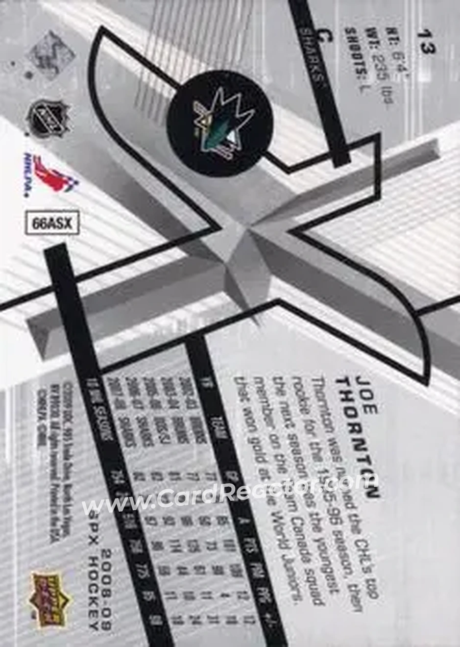 2008-09 SPx #13 - Joe Thornton - San Jose Sharks - Back