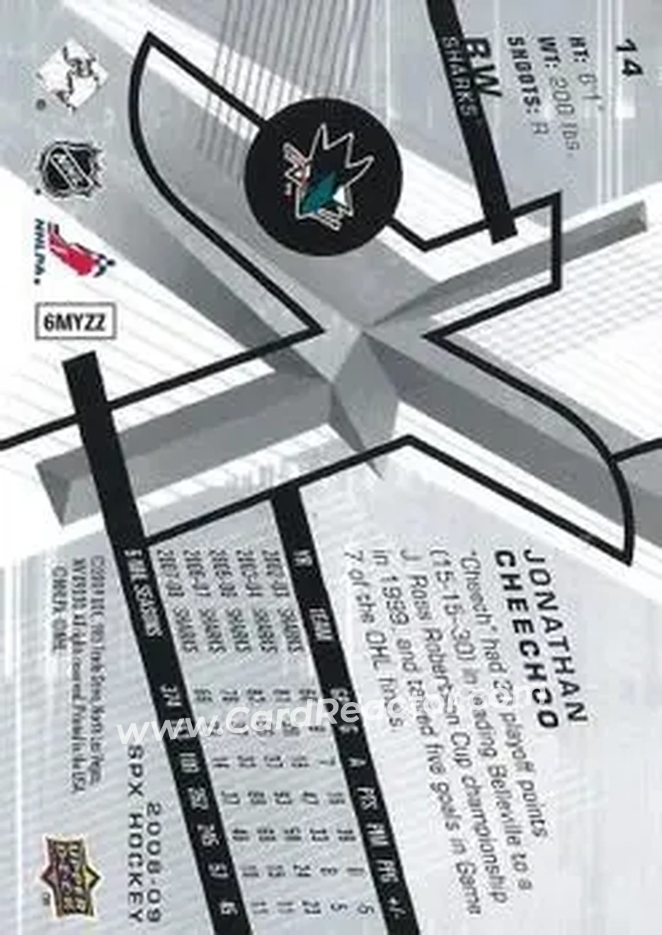 2008-09 SPx #14 - Jonathan Cheechoo - San Jose Sharks - Back 2008-09 SPx #14 - Jonathan Cheechoo - San Jose Sharks - Back