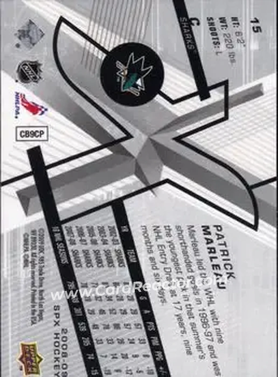 2008-09 SPx #15 - Patrick Marleau - San Jose Sharks - Back