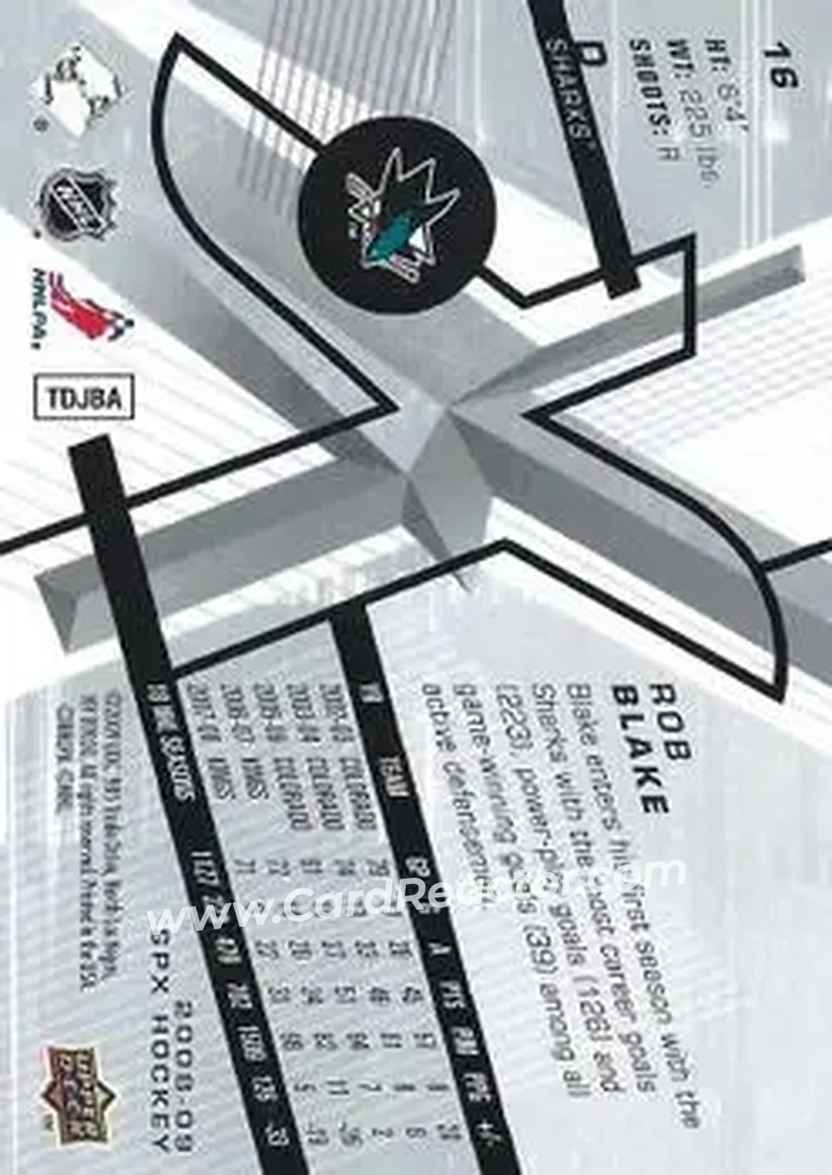 2008-09 SPx #16 - Rob Blake - San Jose Sharks - Back 2008-09 SPx #16 - Rob Blake - San Jose Sharks - Back