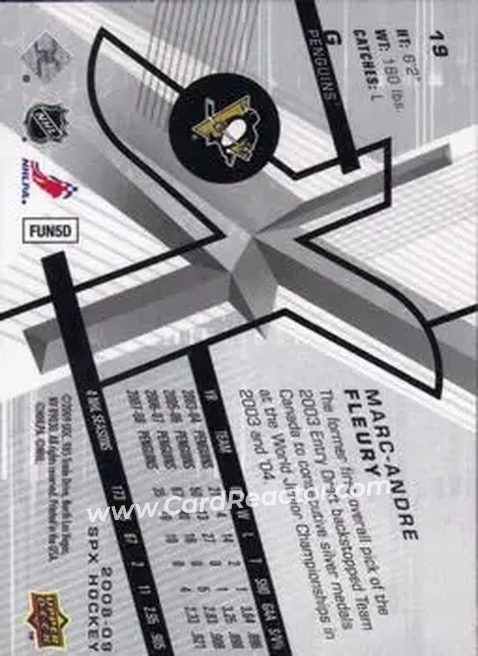 2008-09 SPx #19 - Marc-Andre Fleury - Pittsburgh Penguins - Back 2008-09 SPx #19 - Marc-Andre Fleury - Pittsburgh Penguins - Back
