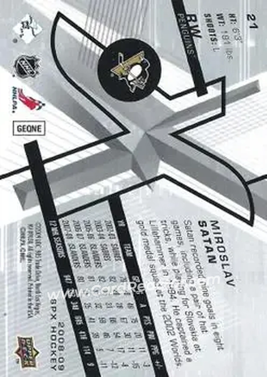 2008-09 SPx #21 - Miroslav Satan - Pittsburgh Penguins - Back