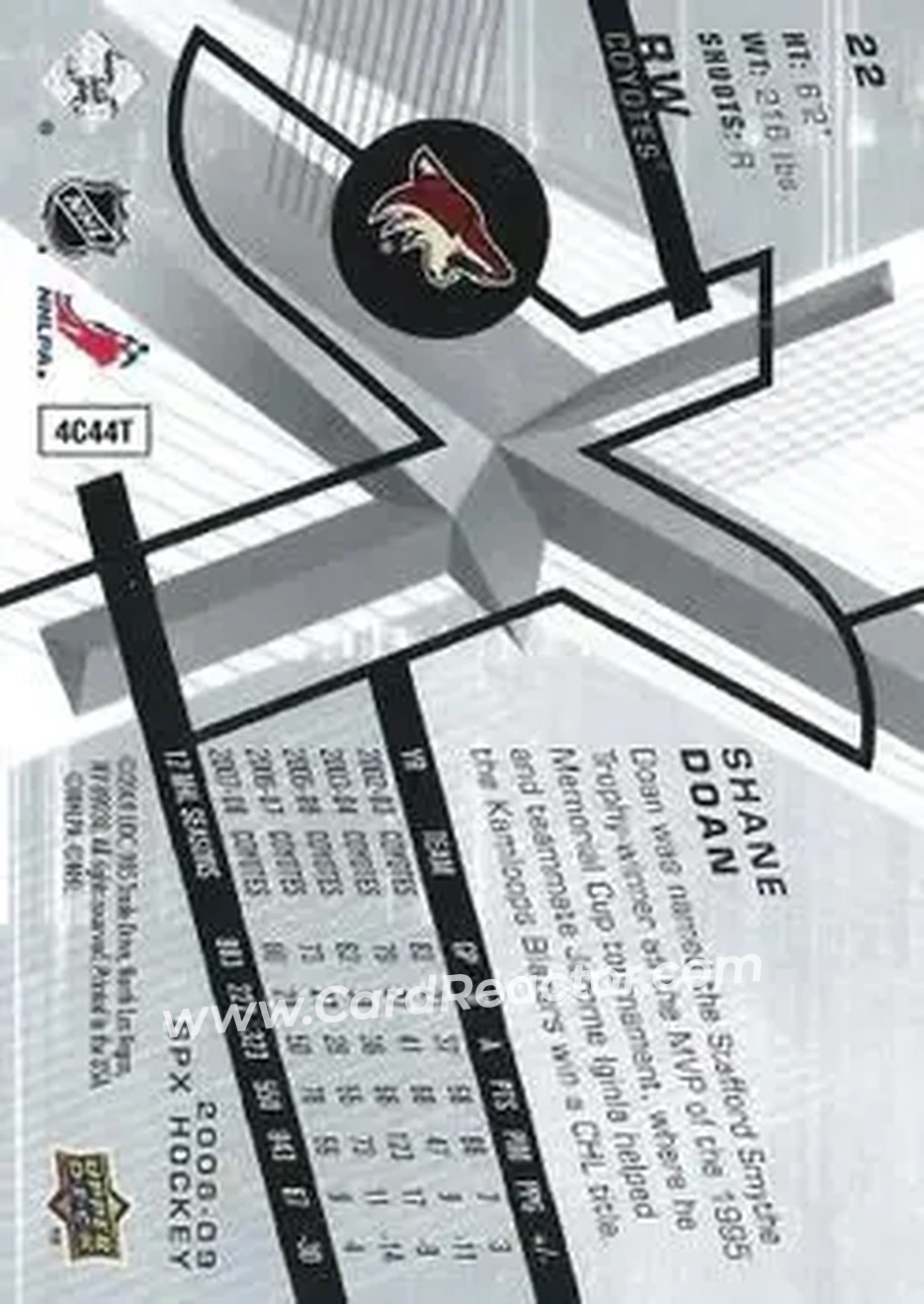 2008-09 SPx #22 - Shane Doan - Phoenix Coyotes - Back