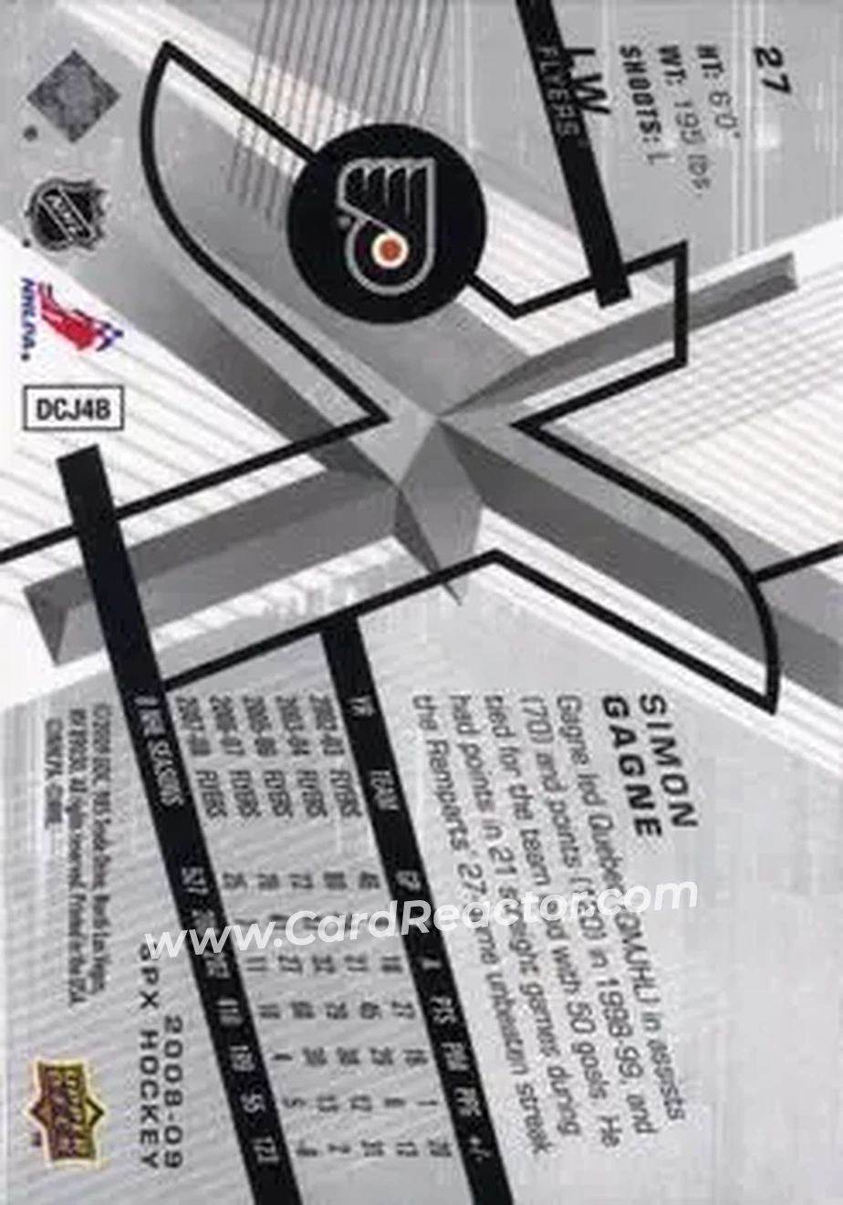2008-09 SPx #27 - Simon Gagne - Philadelphia Flyers - Back
