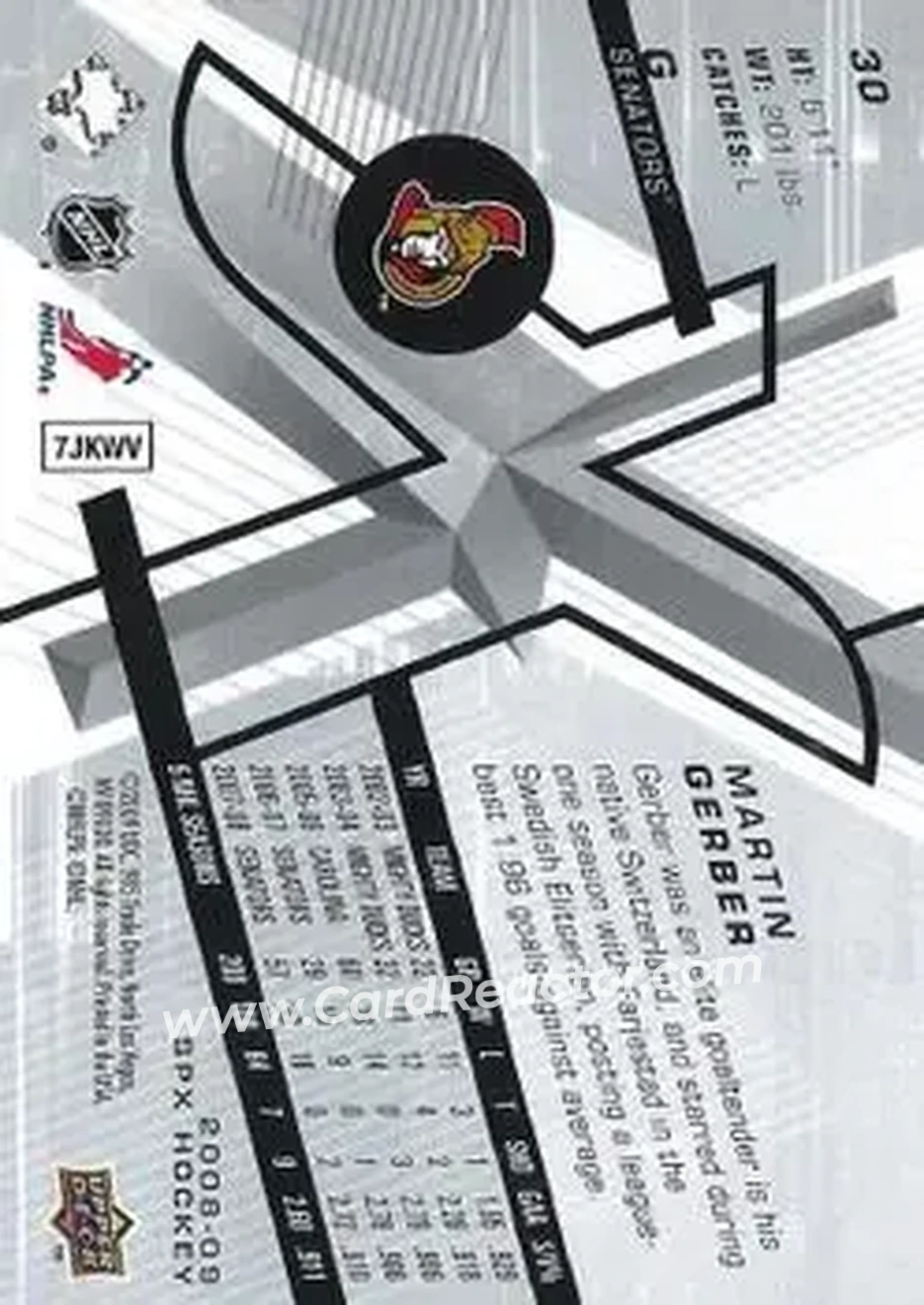 2008-09 SPx #30 - Martin Gerber - Ottawa Senators - Back