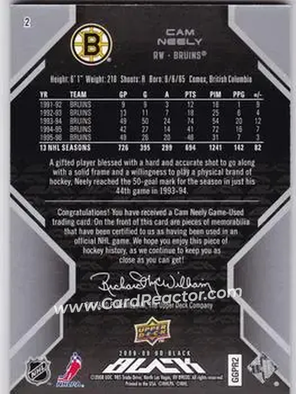 2008-09 UD Black #2 - Cam Neely - Boston Bruins - Back