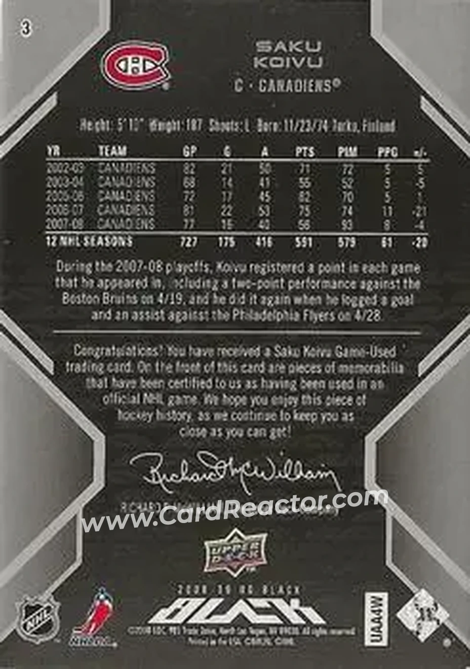 2008-09 UD Black #3 - Saku Koivu - Montreal Canadiens - Back