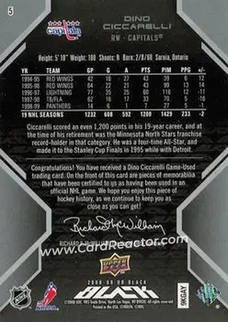 2008-09 UD Black #5 - Dino Ciccarelli - Washington Capitals - Back