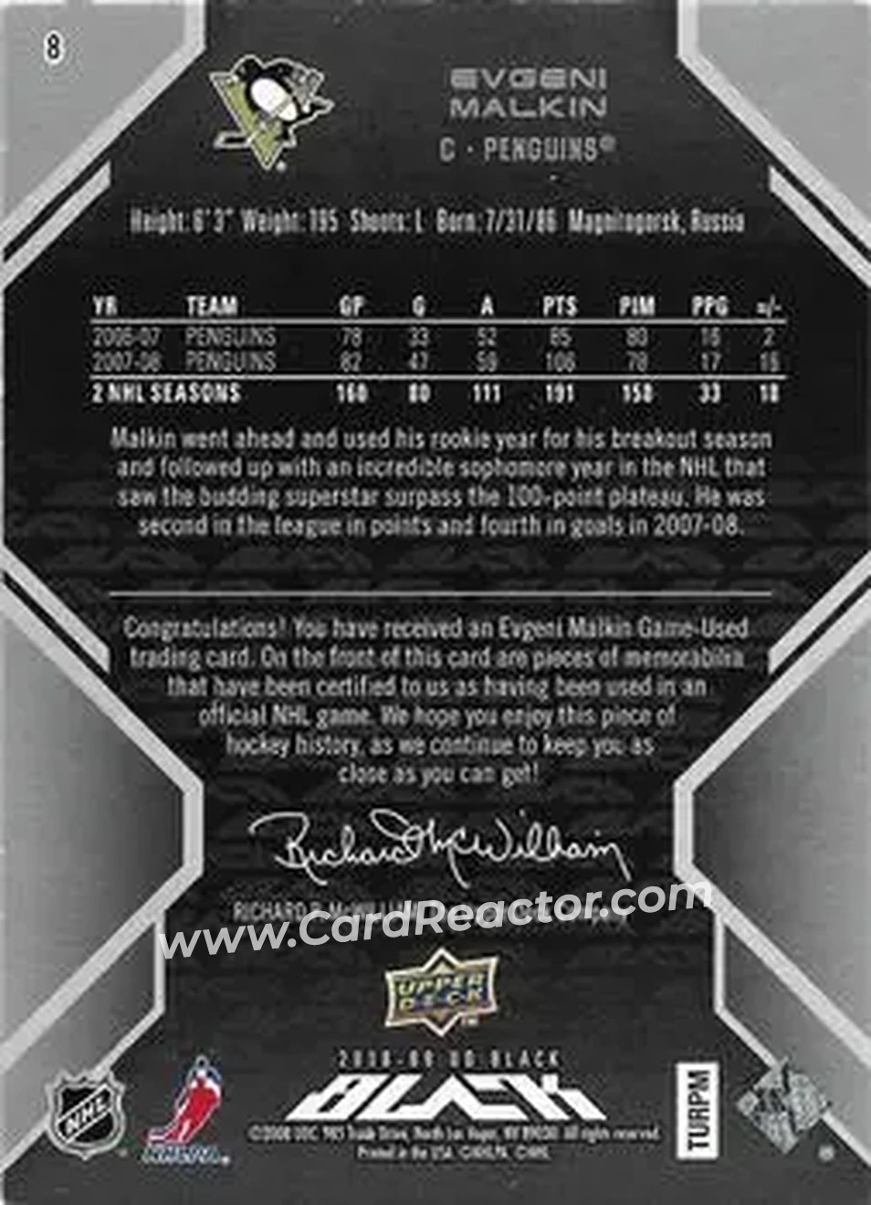 2008-09 UD Black #8 - Evgeni Malkin - Pittsburgh Penguins - Back