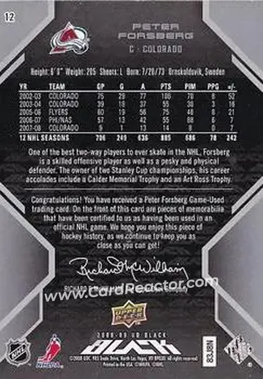 2008-09 UD Black #12 - Peter Forsberg - Colorado Avalanche - Back