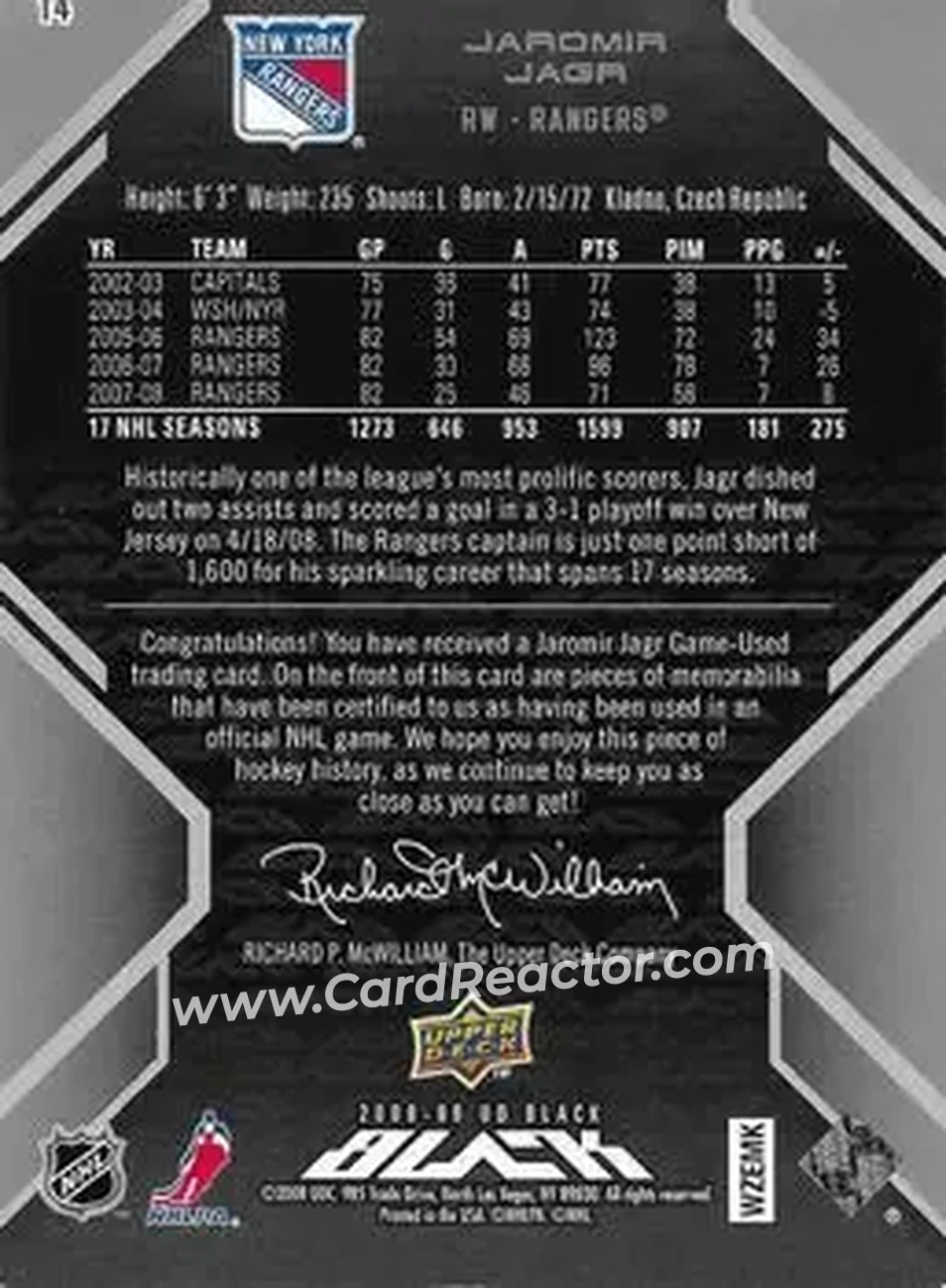 2008-09 UD Black #14 - Jaromir Jagr - New York Rangers - Back