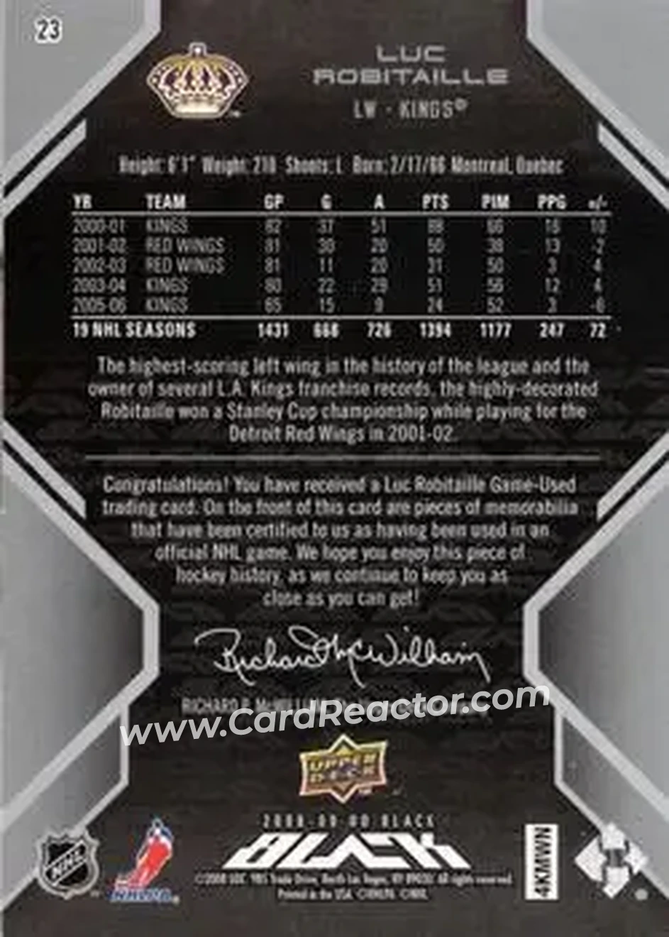 2008-09 UD Black #23 - Luc Robitaille - Los Angeles Kings - Back