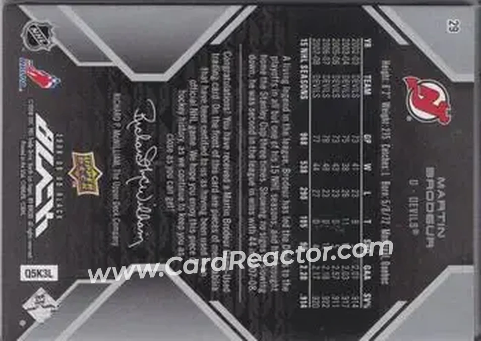 2008-09 UD Black #29 - Martin Brodeur - New Jersey Devils - Back