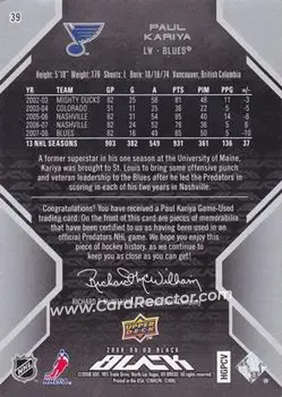 2008-09 UD Black #39 - Paul Kariya - St. Louis Blues - Back