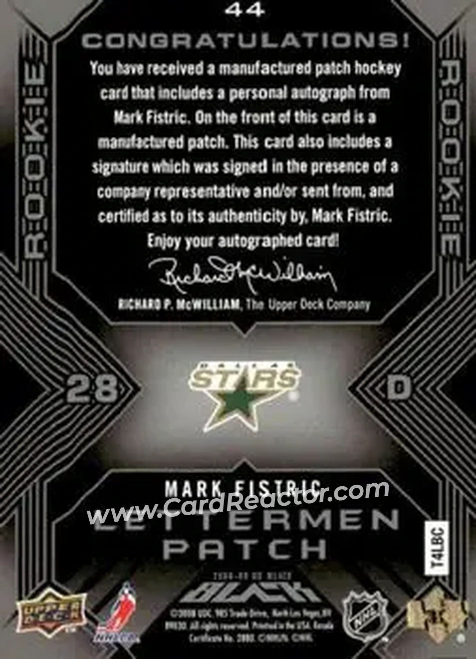 2008-09 UD Black #44 - Mark Fistric - Dallas Stars - Back 2008-09 UD Black #44 - Mark Fistric - Dallas Stars - Back