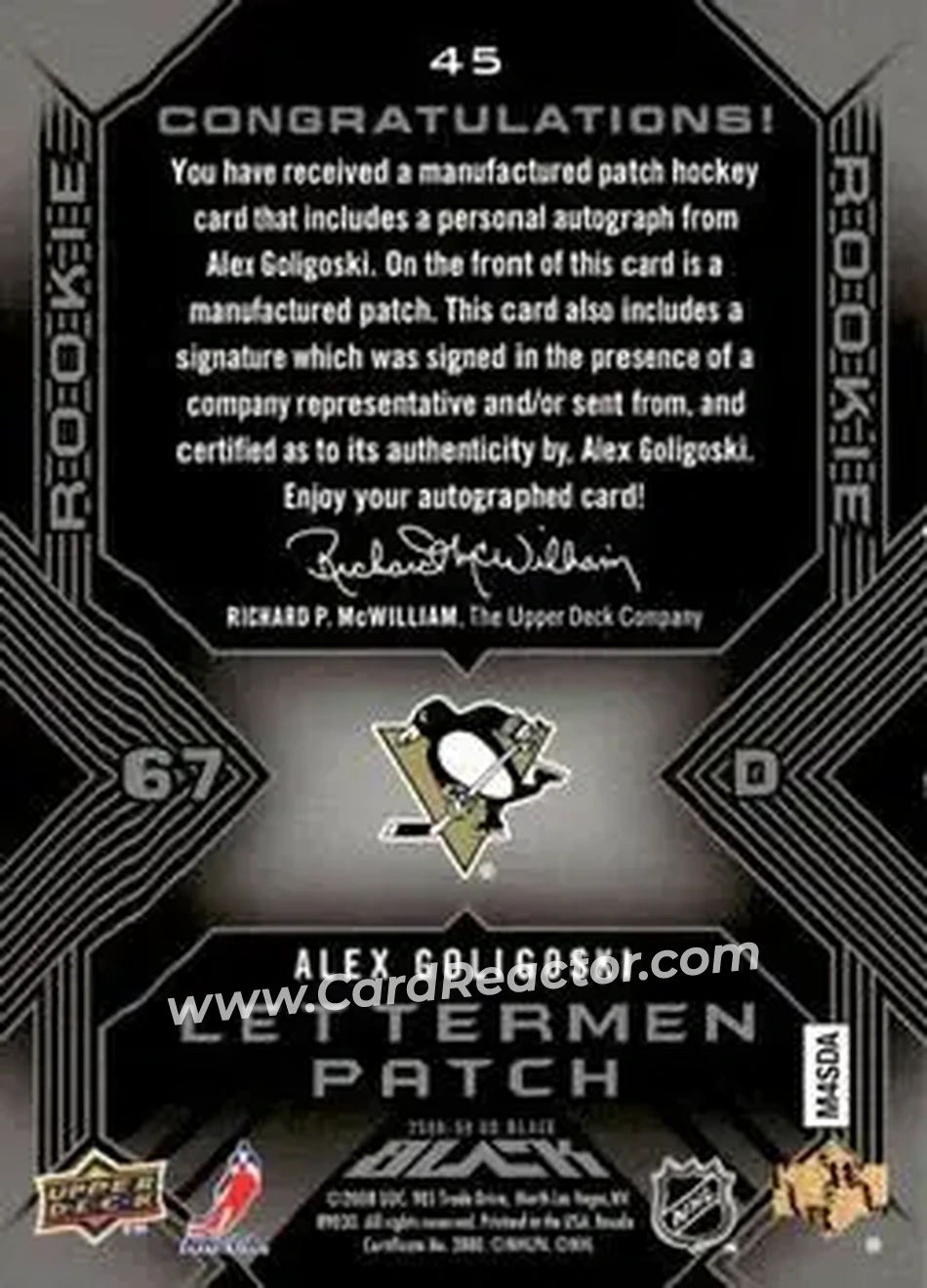2008-09 UD Black #45 - Alex Goligoski - Pittsburgh Penguins - Back 2008-09 UD Black #45 - Alex Goligoski - Pittsburgh Penguins - Back