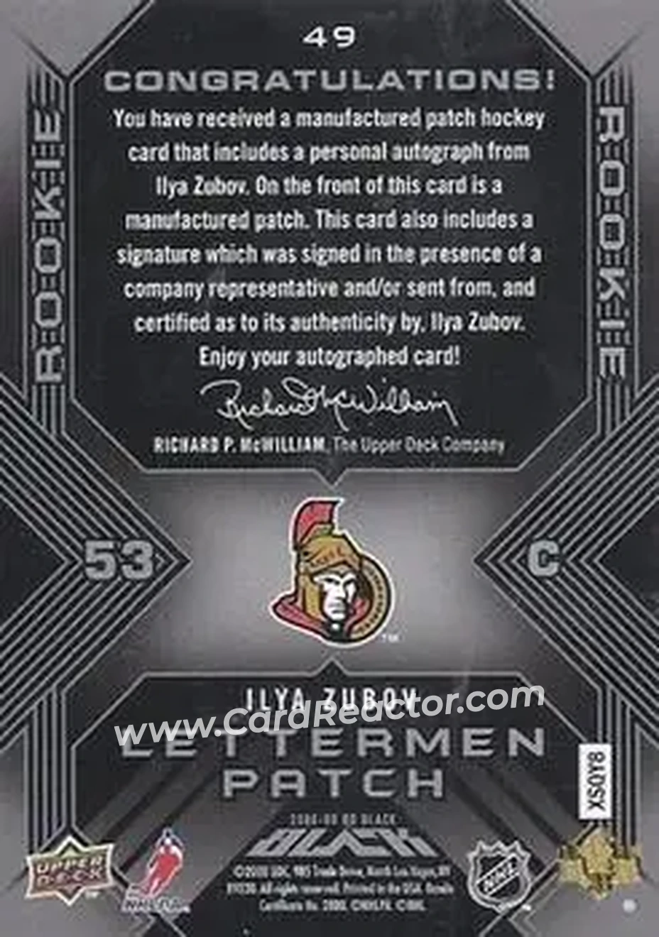 2008-09 UD Black #49 - Ilya Zubov - Ottawa Senators - Back