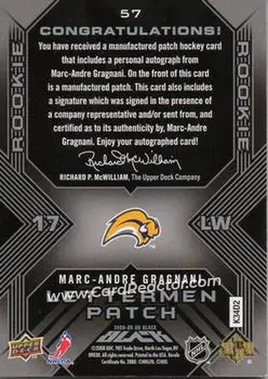 2008-09 UD Black #57 - Marc-Andre Gragnani - Buffalo Sabres - Back