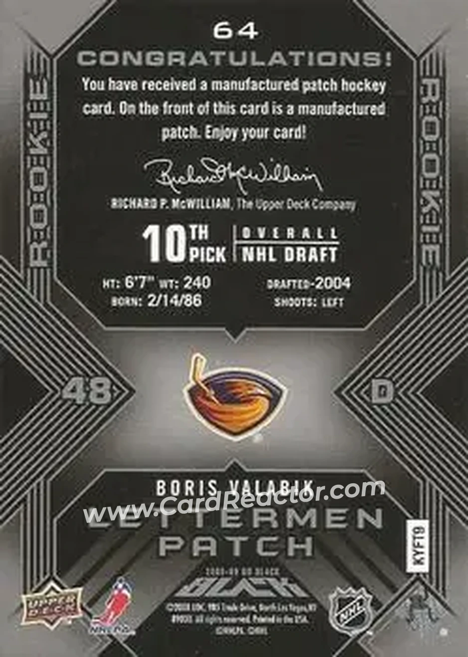 2008-09 UD Black #64 - Boris Valabik - Atlanta Thrashers - Back 2008-09 UD Black #64 - Boris Valabik - Atlanta Thrashers - Back