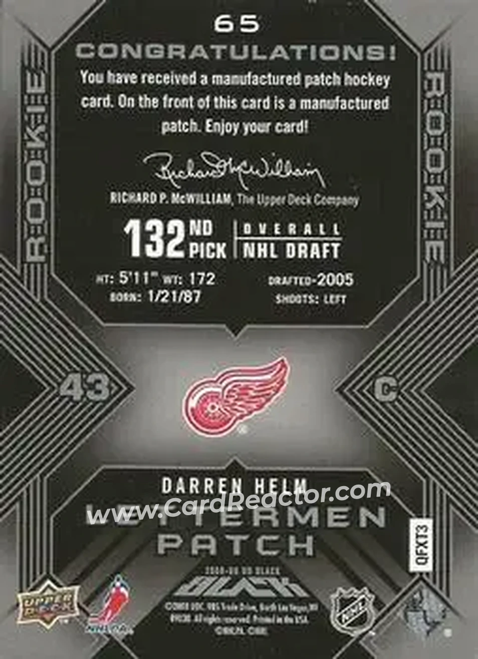2008-09 UD Black #65 - Darren Helm - Detroit Red Wings - Back 2008-09 UD Black #65 - Darren Helm - Detroit Red Wings - Back