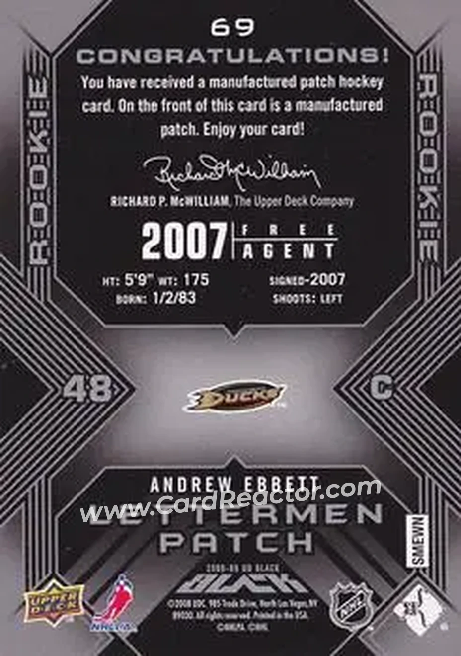 2008-09 UD Black #69 - Andrew Ebbett - Anaheim Ducks - Back