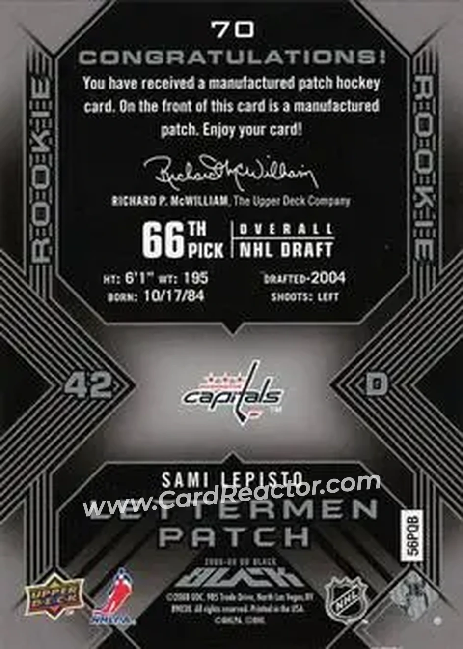 2008-09 UD Black #70 - Sami Lepisto - Washington Capitals - Back 2008-09 UD Black #70 - Sami Lepisto - Washington Capitals - Back