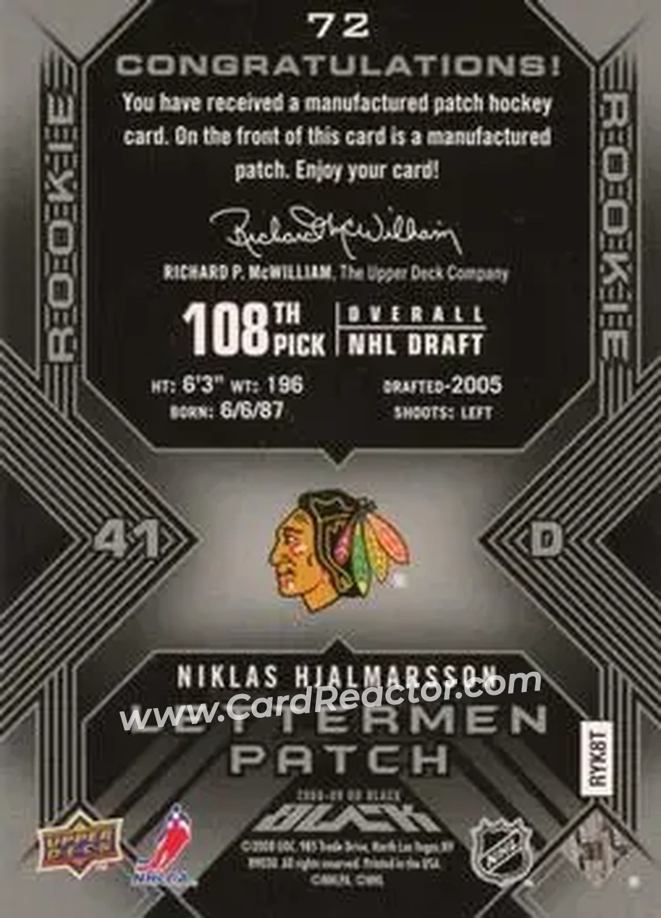 2008-09 UD Black #72 - Niklas Hjalmarsson - Chicago Blackhawks - Back 2008-09 UD Black #72 - Niklas Hjalmarsson - Chicago Blackhawks - Back